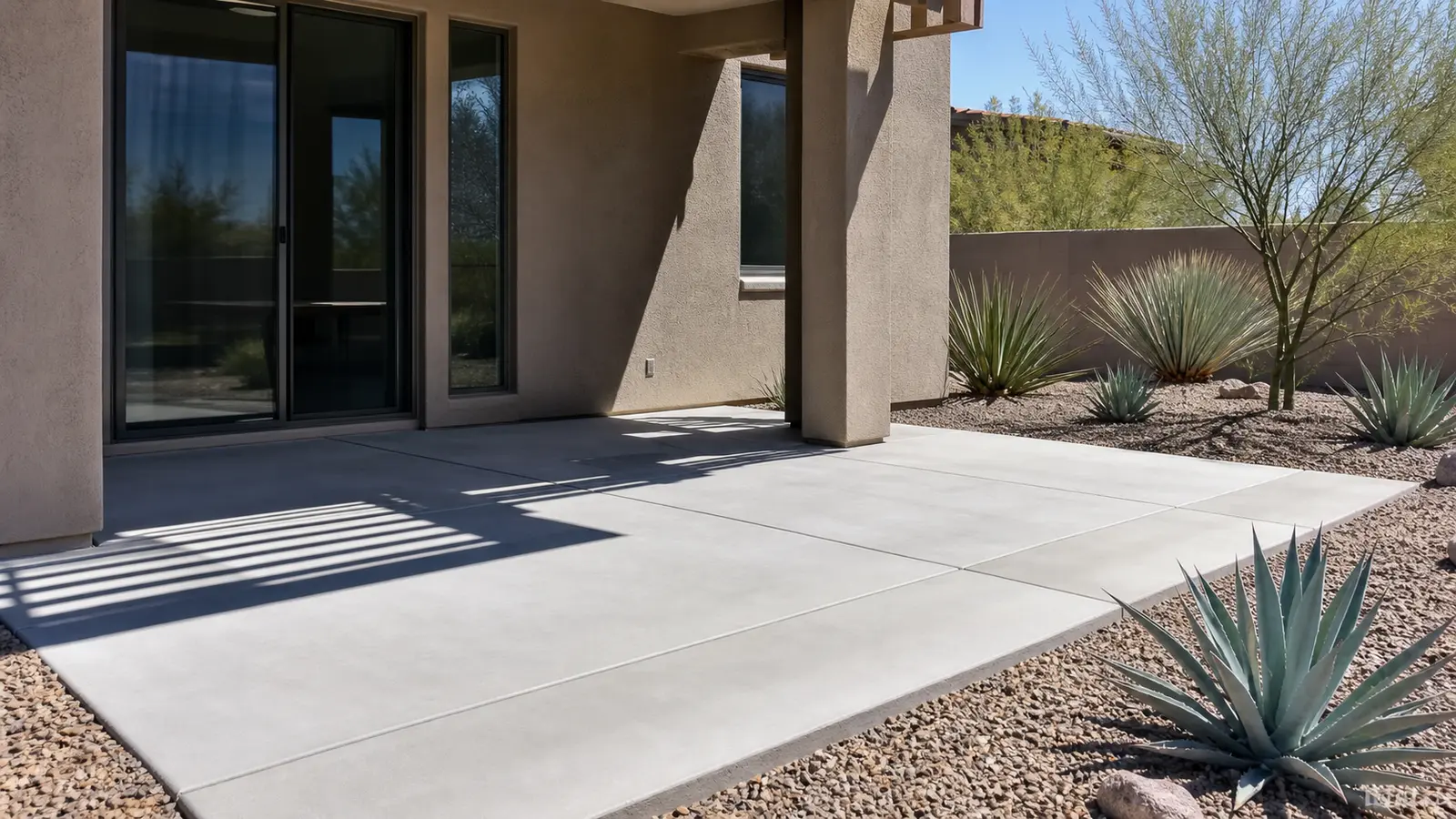 Illustrative concrete patio adjoining a desert home in Yuma