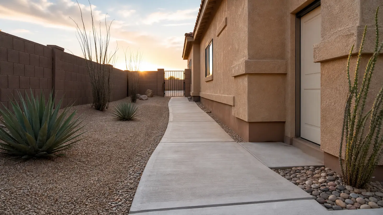 Illustrative finished concrete walkway beside a desert home in the Yuma area
